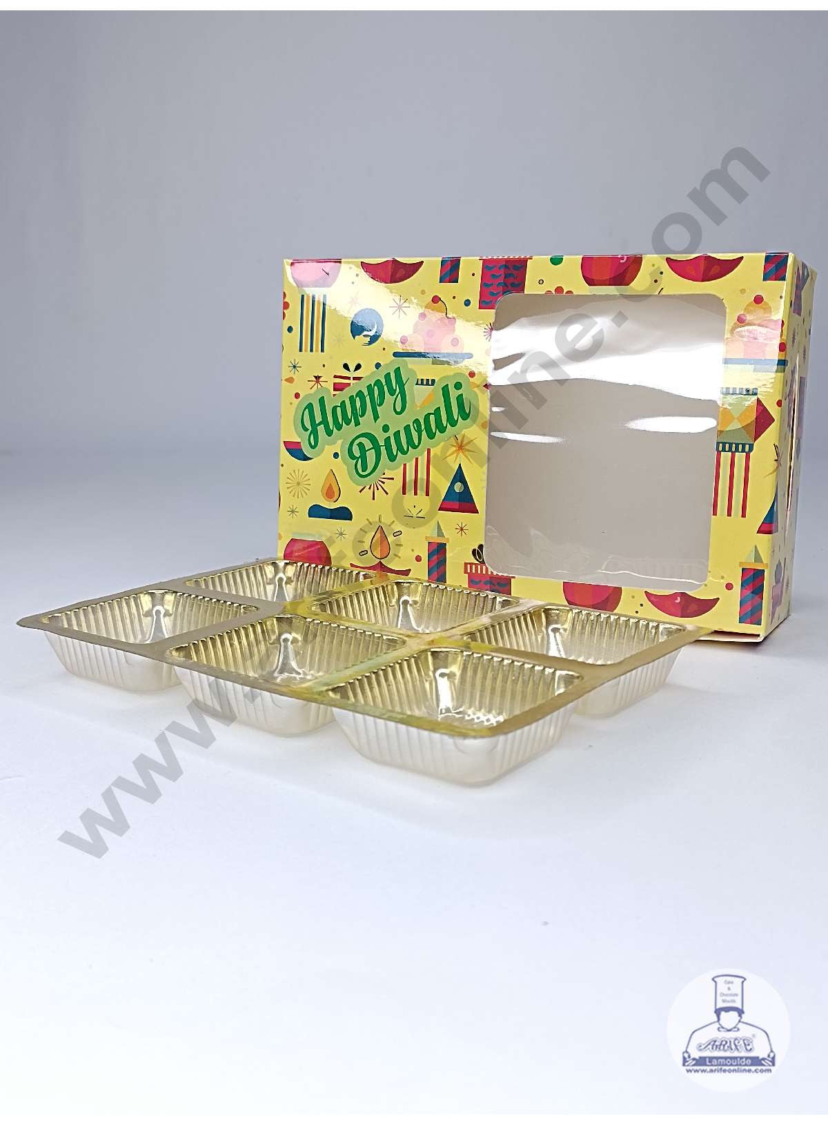 6 Cavity Diwali Theme Chocolate Box with Clear Window & Cavity ( 10 Piece Pack ) - Yellow (MOQ 12 PACK) (UD)