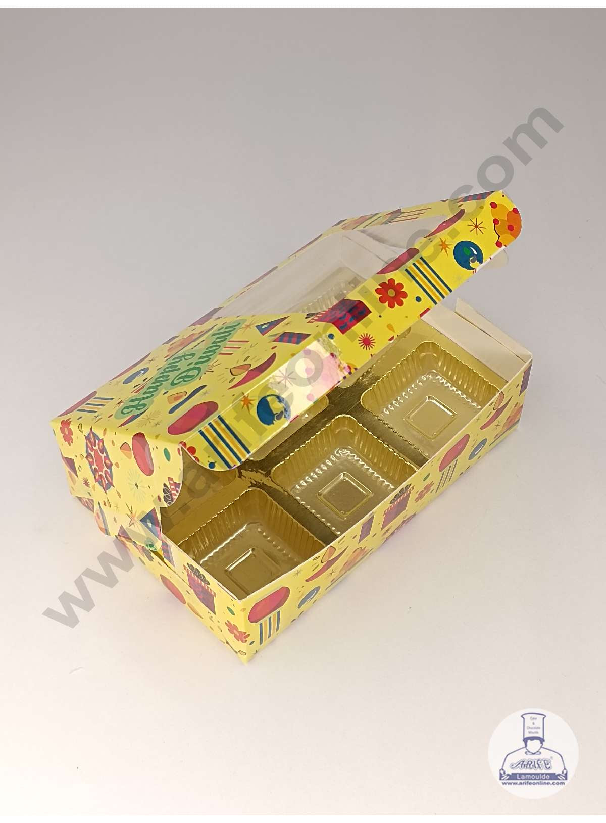 6 Cavity Diwali Theme Chocolate Box with Clear Window & Cavity ( 10 Piece Pack ) - Yellow (MOQ 12 PACK) (UD)