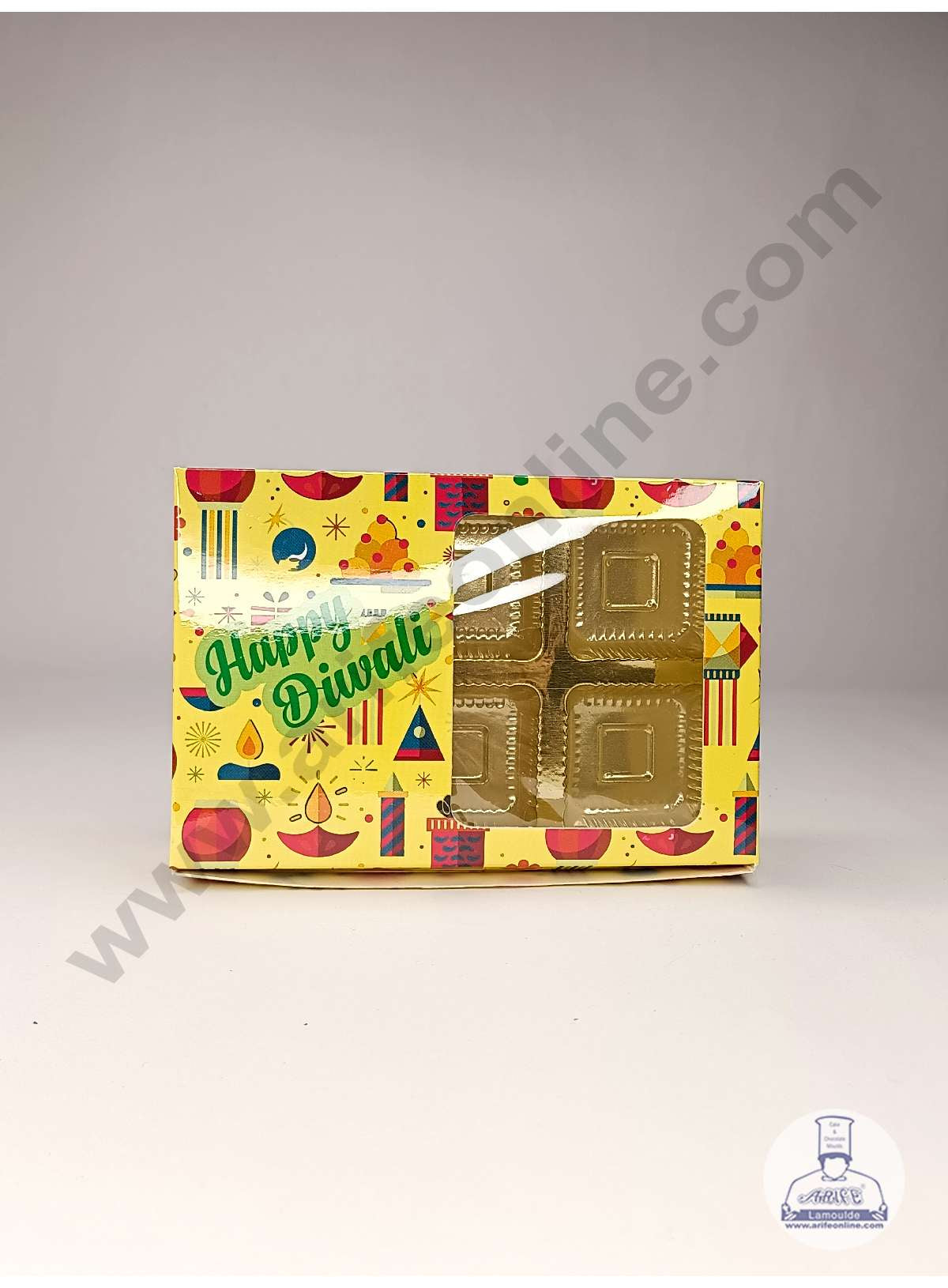 6 Cavity Diwali Theme Chocolate Box with Clear Window & Cavity ( 10 Piece Pack ) - Yellow (MOQ 12 PACK) (UD)
