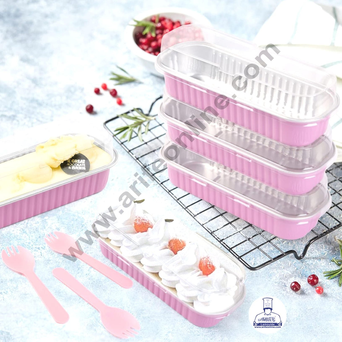 Rectangle  Aluminium Tin Foil Bake & Serve Cup with Lid | Aluminium Containers | Non-Stick Foil Baking container - Pink -  2000 Pcs per cartoon (MOQ 1 CRTN)(L)