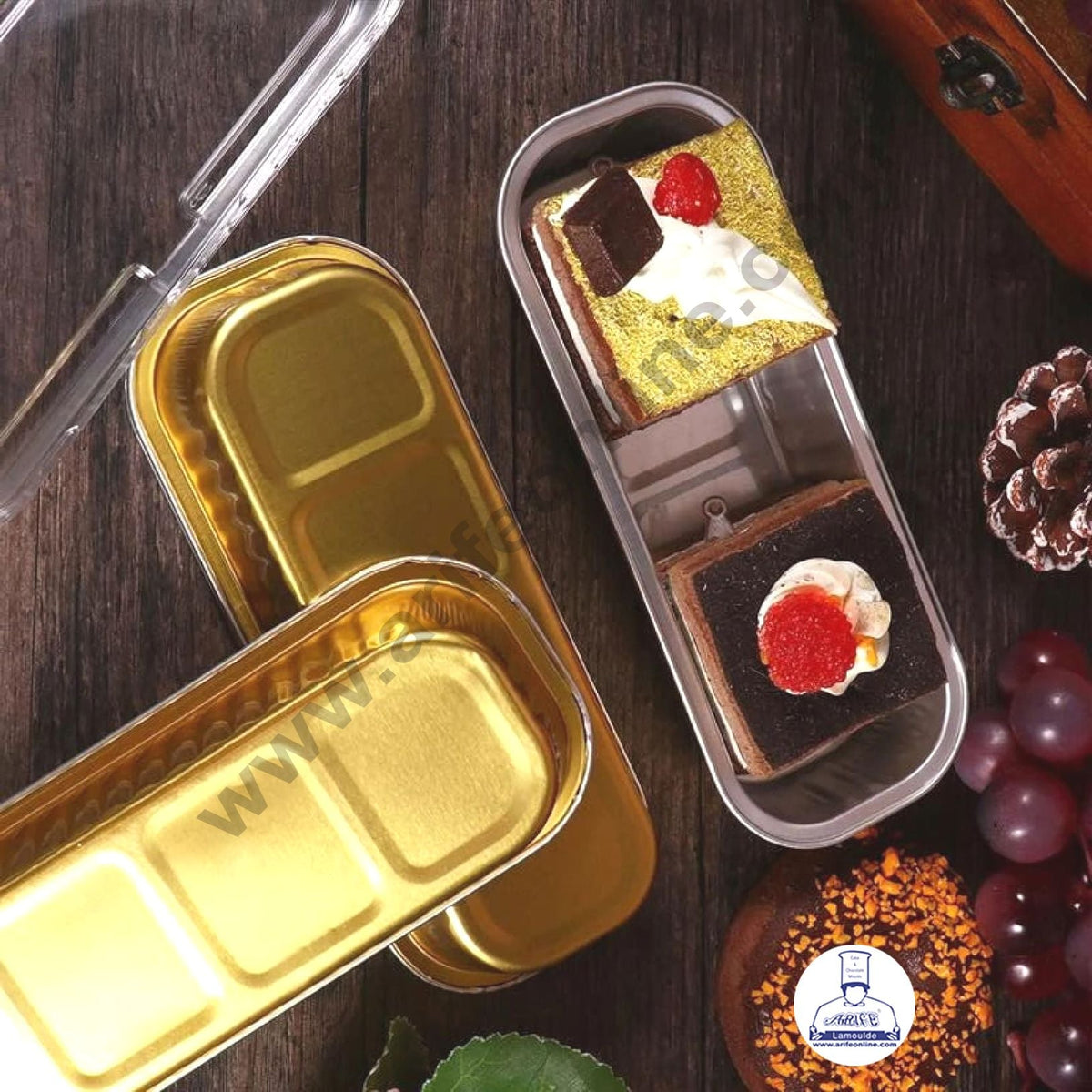 Rectangle  Aluminium Tin Foil Bake & Serve Cup with Lid | Aluminium Containers | Non-Stick Foil Baking container - Gold - 2000 Pcs per cartoon (MOQ 1 CRTN)  (L)