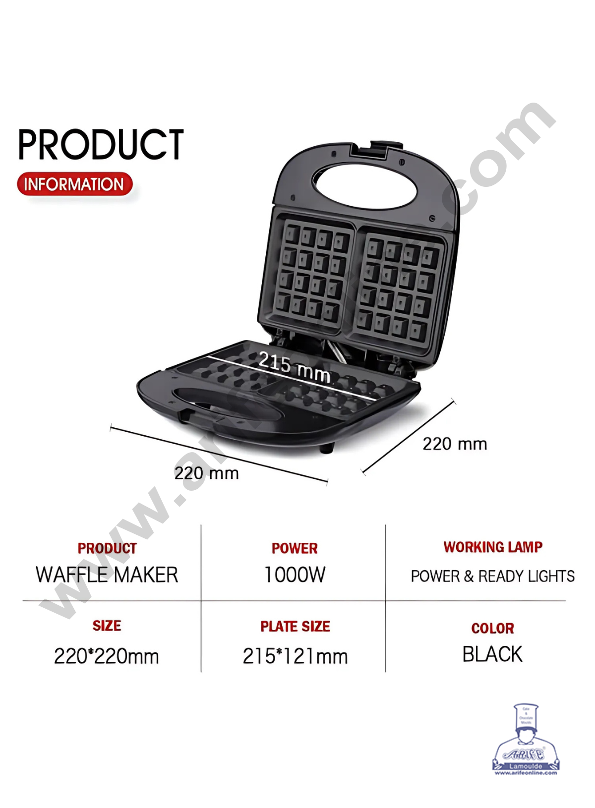 Jamaky 2 Slice Waffle Maker 1000W Non-Stick Waffle Iron - Model: JMK2001 (SB-JM-JMK2001)  (MOQ 10 PCS)