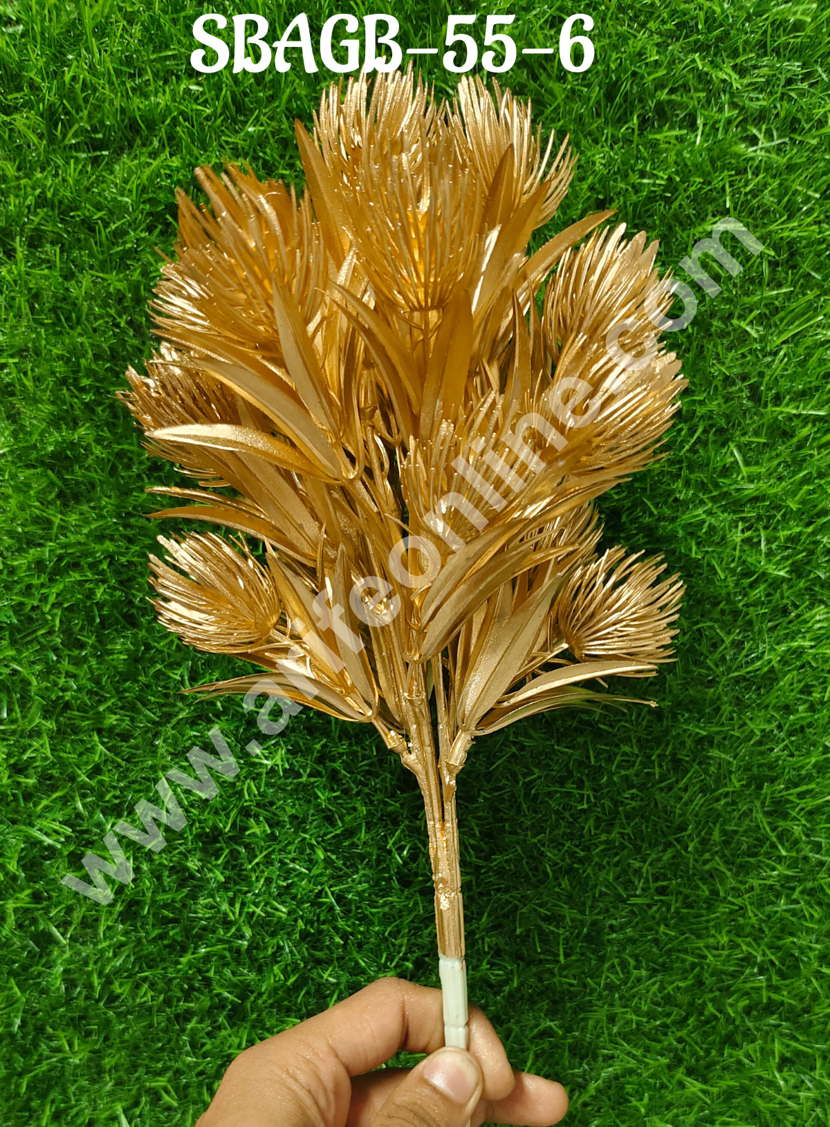 Artificial Golden Powder Puff Lily Flower with Leaves Decorative Item For Cake Decoration- 1 Stick (SBAGB-55-6) (MOQ 12 PCS)