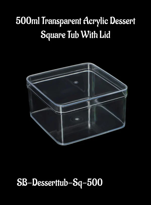 500ml Transparent Acrylic Dessert Square Tub With Lid (MOQ 500 PCS)   (RE)