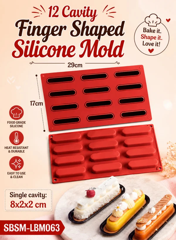 12 Cavity Finger Shaped Silicone Mold | Finger Dessert, Mousse, Éclair, Chocolate & Baking Tray (SBSM-LBM063) - (MOQ 12 PCS) (ARE)