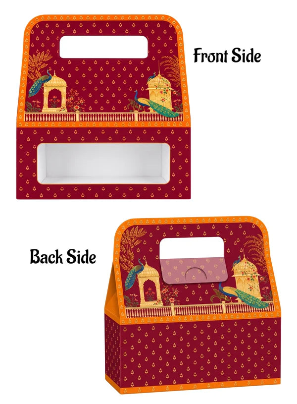 3 Jar Maroon Peacock Design Traditional Gift Hamper Box with Clear Window Without Jars (1Pc) | 26.7 x 9.4 x 24.3 cm | SBBX-TBL-2115 | (MOQ 100 PCS)