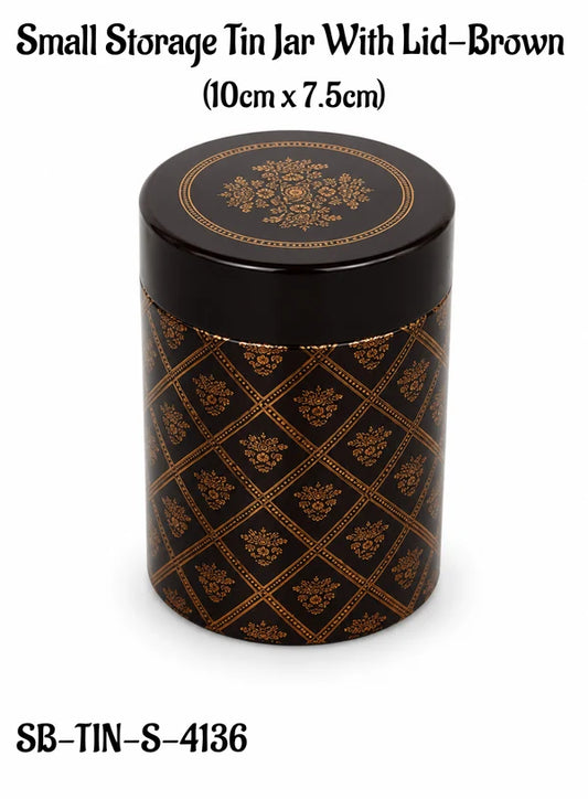 Small Metal Storage Tin Jar with Lid - Brown | (4x3 Inch) | Dry Fruit, Cookie & Snack Packaging (SB-TIN-S-4136) -(MOQ 100 PCS) (FR)