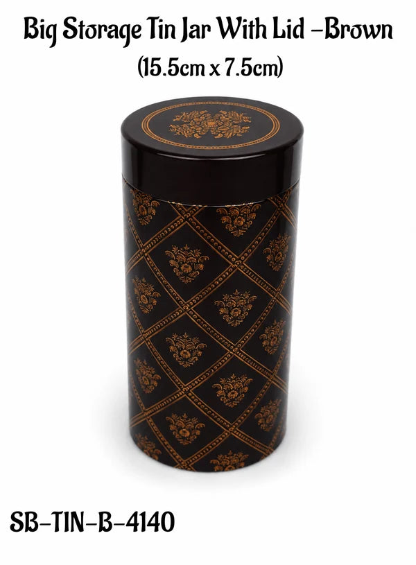 Big Metal Storage Tin Jar with Lid - Brown | (6x3 Inch) | Dry Fruit, Cookie & Snack Packaging (SB-TIN-B-4140) - (MOQ 100 PCS) (FM.10)