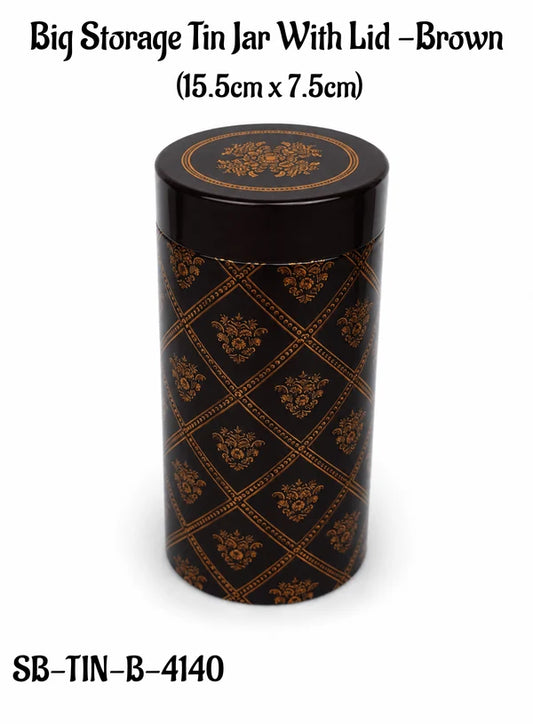 Big Metal Storage Tin Jar with Lid - Brown | (6x3 Inch) | Dry Fruit, Cookie & Snack Packaging (SB-TIN-B-4140) - (MOQ 100 PCS) (FM.10)