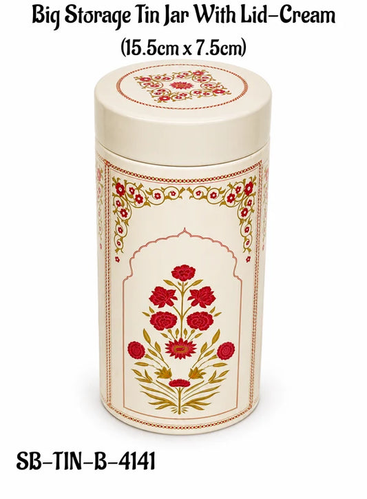 Big Metal Storage Tin Jar with Lid - Cream | (6x3 Inch) | Dry Fruit, Cookie & Snack Packaging (SB-TIN-B-4141) - (MOQ 100 PCS) (FM.10)