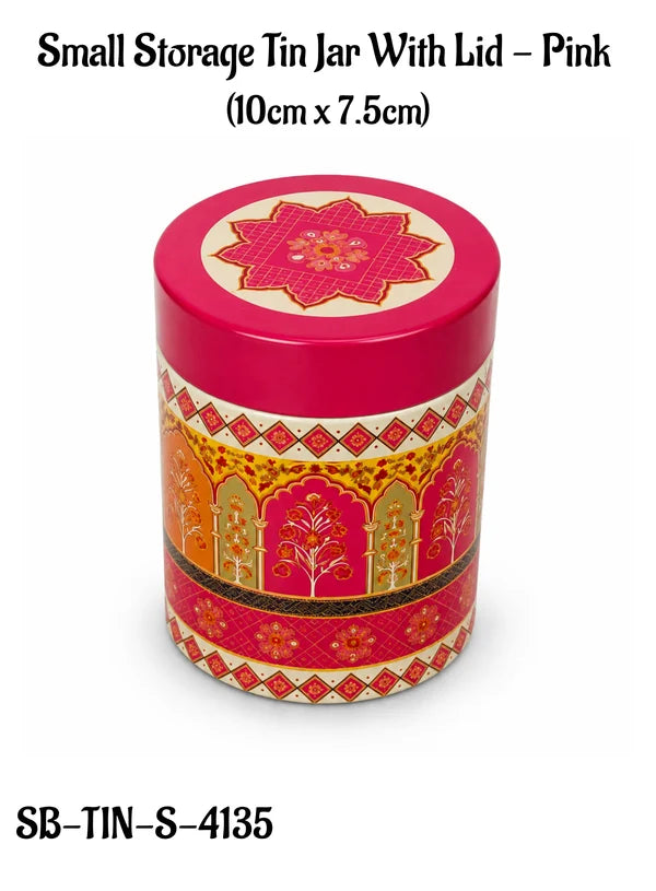 Small Metal Storage Tin Jar with Lid - Pink | (4x3 Inch) | Dry Fruit, Cookie & Snack Packaging (SB-TIN-S-4135) -(MOQ 100 PCS)  (FR)