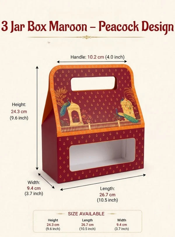 3 Jar Maroon Peacock Design Traditional Gift Hamper Box with Clear Window Without Jars (1Pc) | 26.7 x 9.4 x 24.3 cm | SBBX-TBL-2115 | (MOQ 100 PCS)