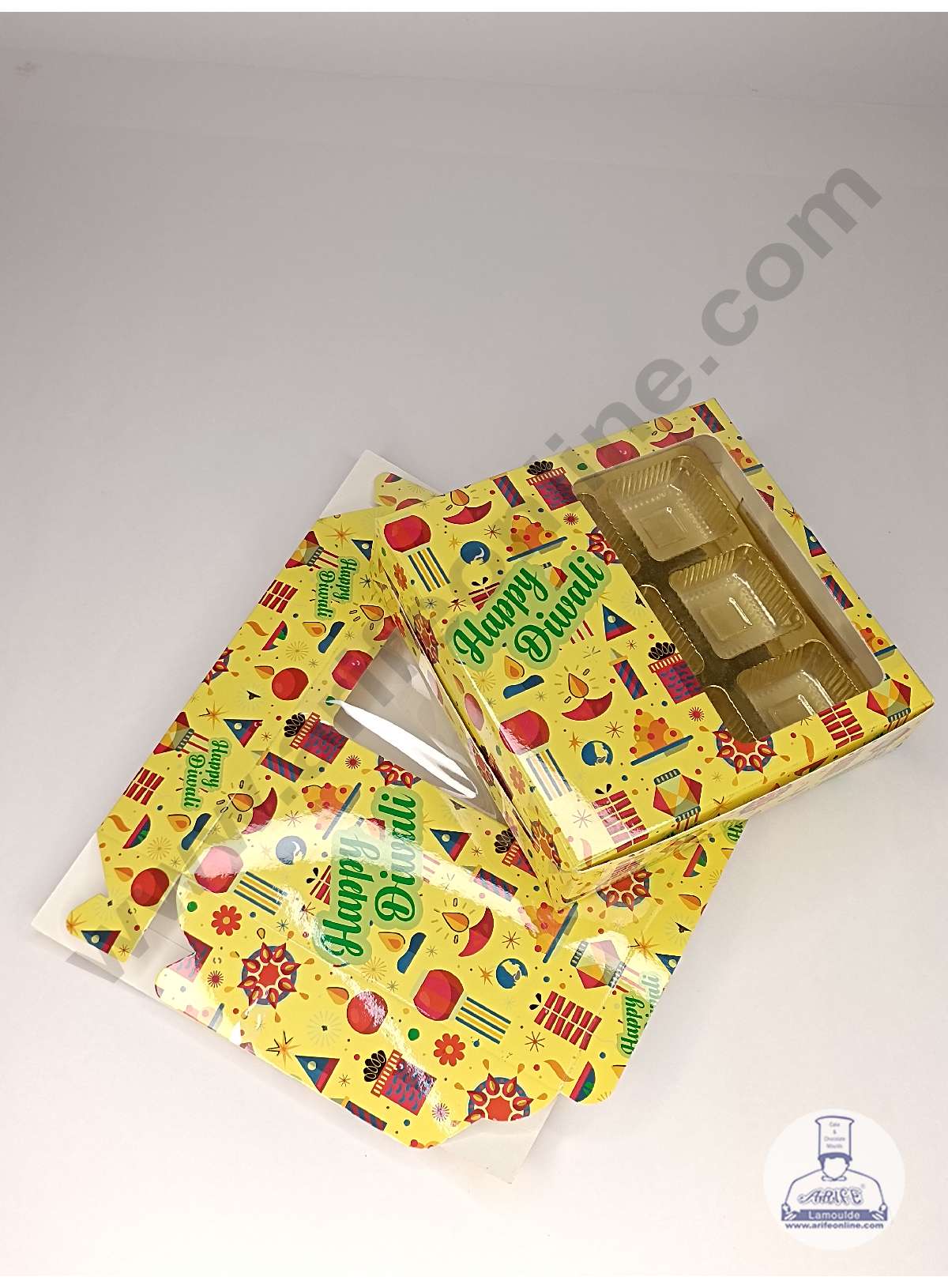 CAKE DECOR™ 9 Cavity Diwali Theme Chocolate Box with Clear Window & Cavity ( 10 Piece Pack ) - Yellow (MOQ 12 PACK) (ADD)