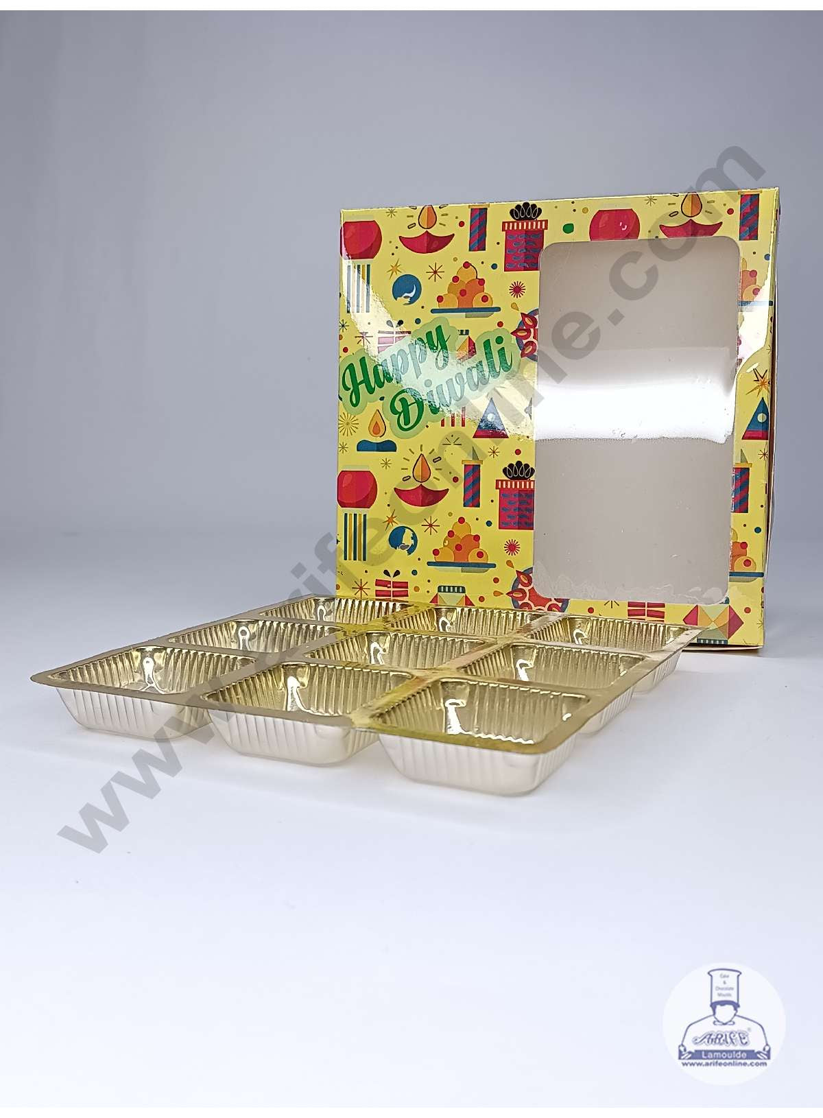 CAKE DECOR™ 9 Cavity Diwali Theme Chocolate Box with Clear Window & Cavity ( 10 Piece Pack ) - Yellow (MOQ 12 PACK) (ADD)