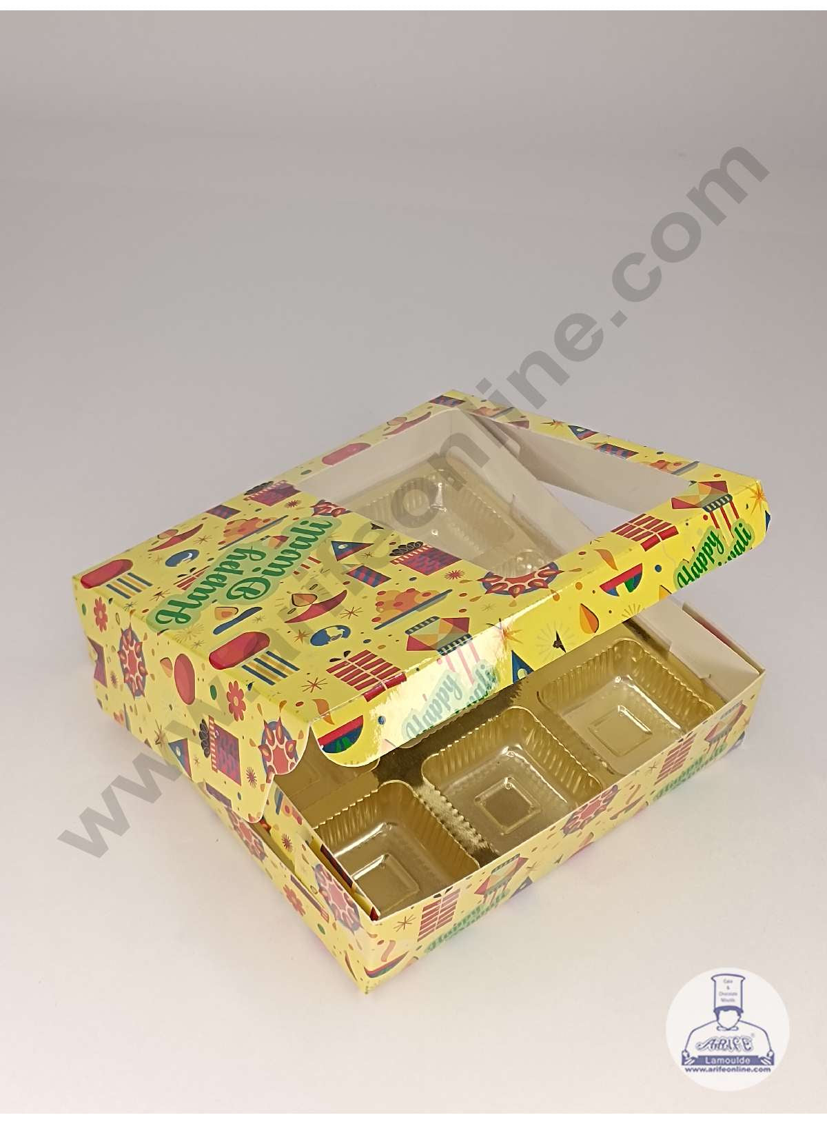 CAKE DECOR™ 9 Cavity Diwali Theme Chocolate Box with Clear Window & Cavity ( 10 Piece Pack ) - Yellow (MOQ 12 PACK) (ADD)