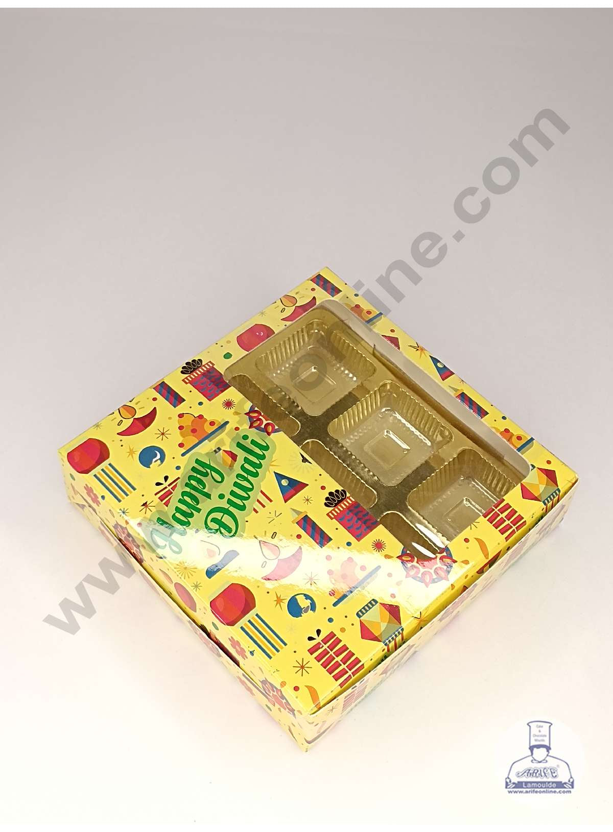 CAKE DECOR™ 9 Cavity Diwali Theme Chocolate Box with Clear Window & Cavity ( 10 Piece Pack ) - Yellow (MOQ 12 PACK) (ADD)
