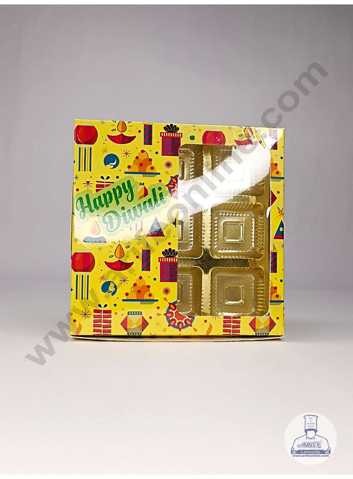 CAKE DECOR™ 9 Cavity Diwali Theme Chocolate Box with Clear Window & Cavity ( 10 Piece Pack ) - Yellow (MOQ 12 PACK) (ADD)