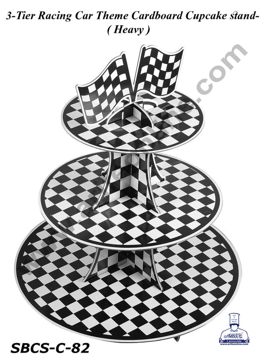 3-Tier Racing Car Theme Cardboard Cupcake Stand | Black and White Checkered Cupcake Stand -Heavy (MOQ 12 PCS)