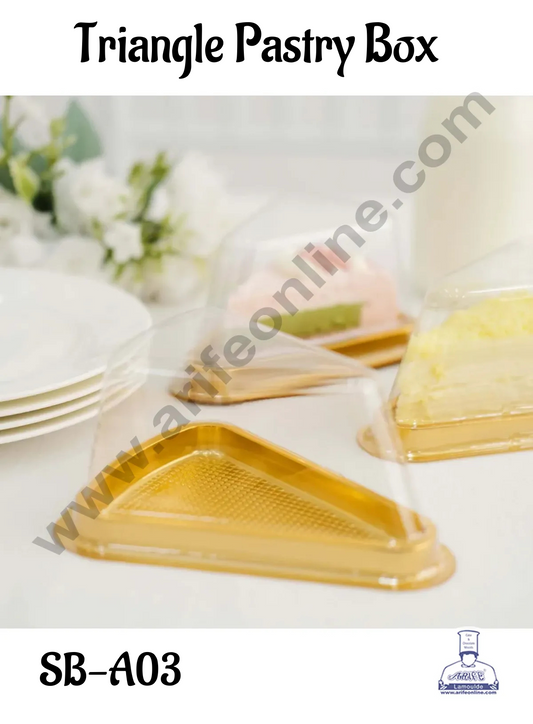 Gold Base PVC Triangle Pastry box with Clear Lid | Slice Box | Dessert Package | Pastry box (MOQ 500 PCS) (E)