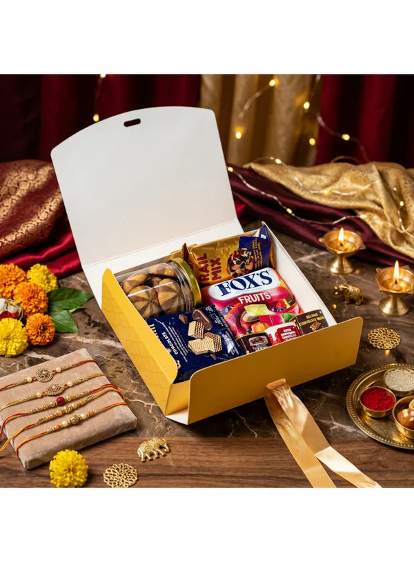 Big Raksha Bandhan Design Hamper Box With Ribbon - Chrome (9x7x3 Inch) | Rakhi Gift Box (SBBK-94-C) - (MOQ 100 PCS)