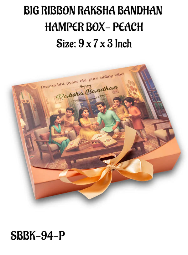 Big Raksha Bandhan Design Hamper Box With Ribbon - Peach (9x7x3 Inch) | Rakhi Gift Box (SBBK-94-P) - (MOQ 100 PCS)