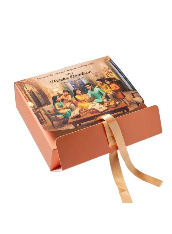 Big Raksha Bandhan Design Hamper Box With Ribbon - Peach (9x7x3 Inch) | Rakhi Gift Box (SBBK-94-P) - (MOQ 100 PCS)