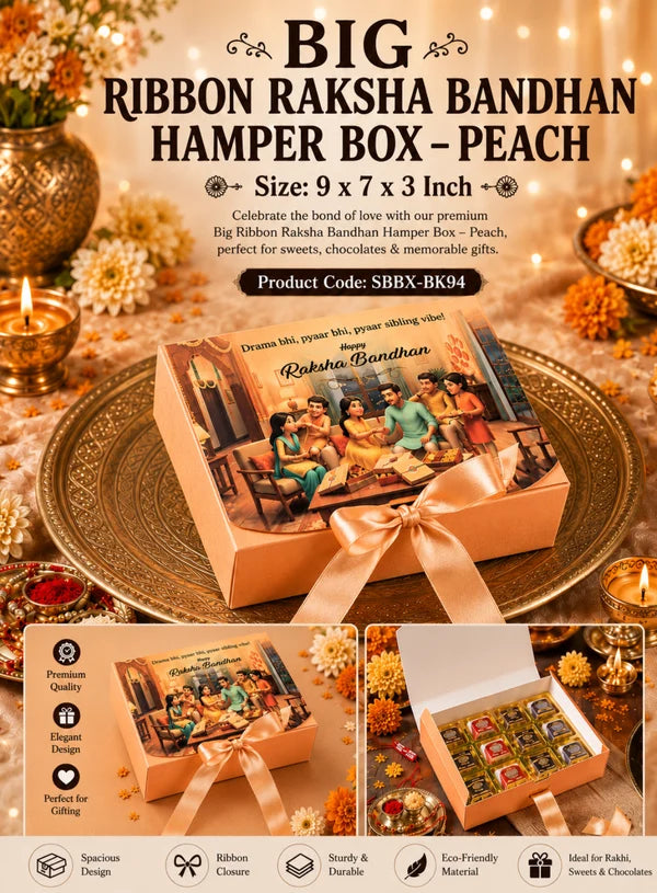 Big Raksha Bandhan Design Hamper Box With Ribbon - Peach (9x7x3 Inch) | Rakhi Gift Box (SBBK-94-P) - (MOQ 100 PCS)