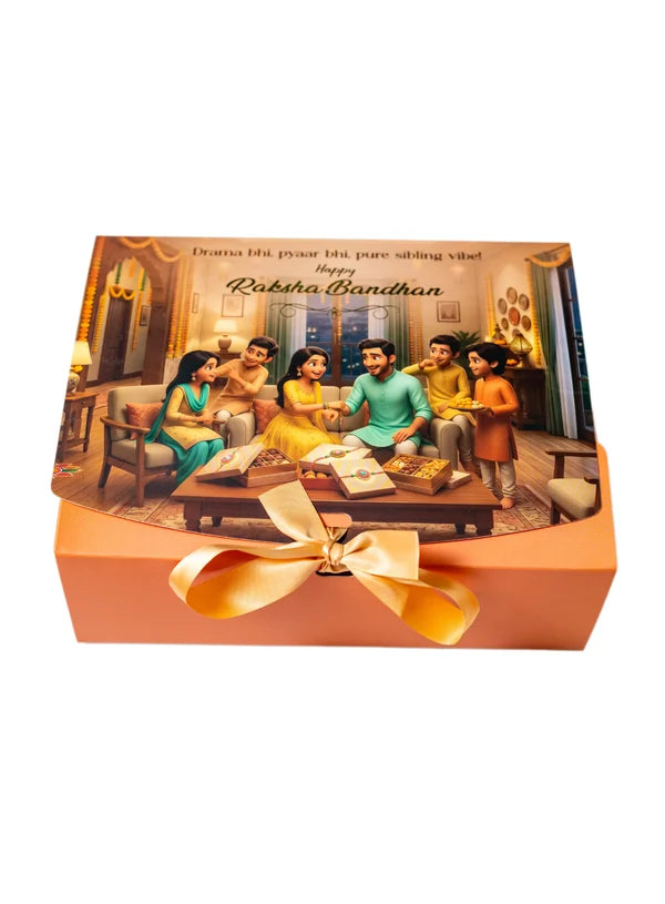 Big Raksha Bandhan Design Hamper Box With Ribbon - Peach (9x7x3 Inch) | Rakhi Gift Box (SBBK-94-P) - (MOQ 100 PCS)