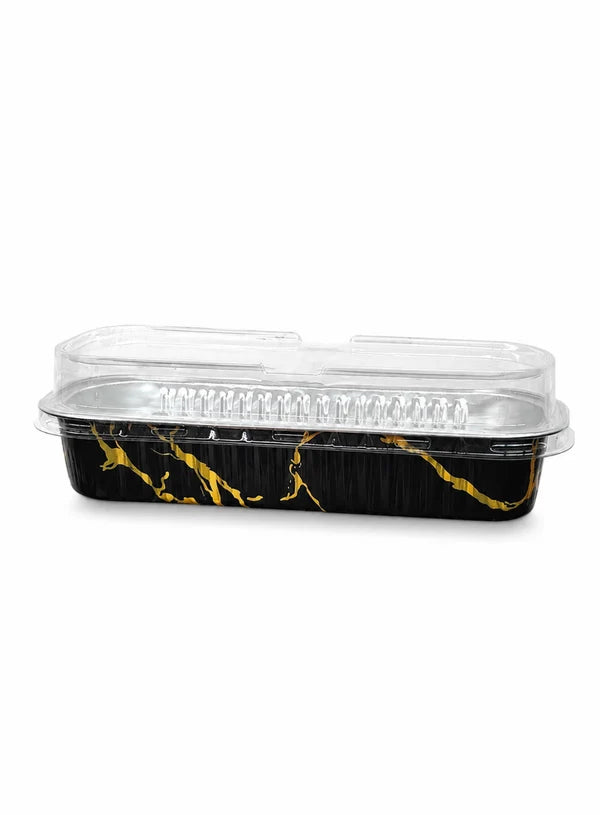 Black Printed Rectangle Aluminium Foil Cup With Lid (6.5x2.5x2 Inch) | Food Grade | Oven & Freezer Safe | Cake & Dessert Container (SB-PT-166X30-B)  2000 Pcs per cartoon (MOQ 1 CRTN) (AA)