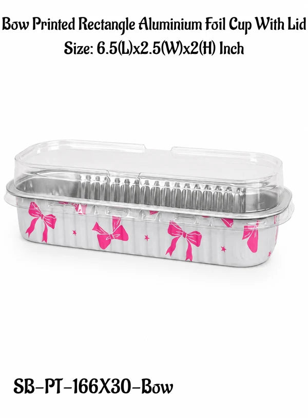 Bow Printed Rectangle Aluminium Foil Cup With Lid (6.5x2.5x2 Inch) | Food Grade | Oven & Freezer Safe | Cake & Dessert Container (SB-PT-166X30-Bow) - 2000 Pcs per cartoon (MOQ 1 CRTN) (AA)