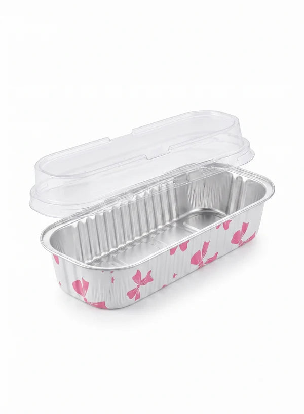 Bow Printed Rectangle Aluminium Foil Cup With Lid (6.5x2.5x2 Inch) | Food Grade | Oven & Freezer Safe | Cake & Dessert Container (SB-PT-166X30-Bow) - 2000 Pcs per cartoon (MOQ 1 CRTN) (AA)