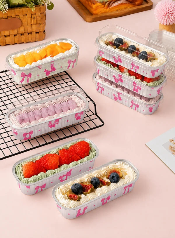 Bow Printed Rectangle Aluminium Foil Cup With Lid (6.5x2.5x2 Inch) | Food Grade | Oven & Freezer Safe | Cake & Dessert Container (SB-PT-166X30-Bow) - 2000 Pcs per cartoon (MOQ 1 CRTN) (AA)