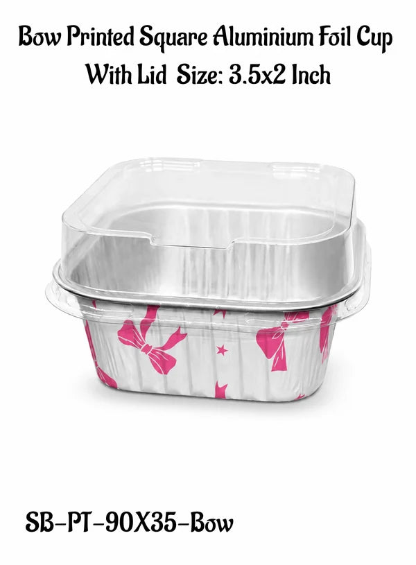 Bow Printed Square Aluminium Foil Cup With Lid (3.5x2 Inch) | Food Grade | Oven & Freezer Safe | Cake & Dessert Container (SB-PT-90X35-Bow) 2000 Pcs per cartoon (MOQ 1 CRTN) (L)