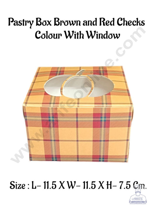 Pastry Box Brown and Red Checks  Colour With Window (Pack of 10 Pcs) (MOQ 12 PACK)