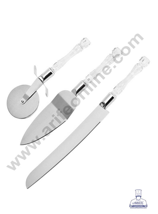 CAKE DECOR™ 3 pcs Set Multi-purpose Pizza Roller Knife Cake Knife Cake Shovel Acrylic Handle with Stainless Steel Blade Baking Supplies (SBS-232)