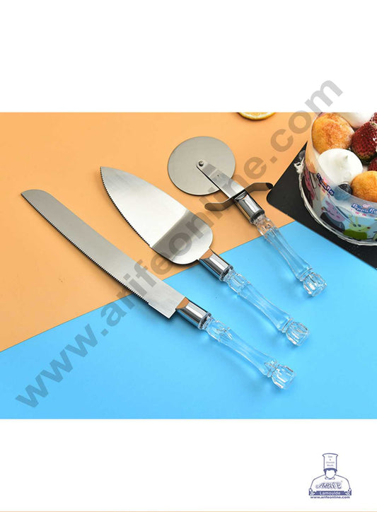 CAKE DECOR™ 3 pcs Set Multi-purpose Pizza Roller Knife Cake Knife Cake Shovel Acrylic Handle with Stainless Steel Blade Baking Supplies (SBS-232)