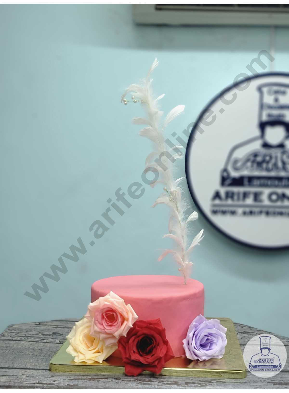 CAKE DECOR™ Long Stick Feather With Pearl Beads Topper For Cake Decorations - White ( 1 pc Pack )