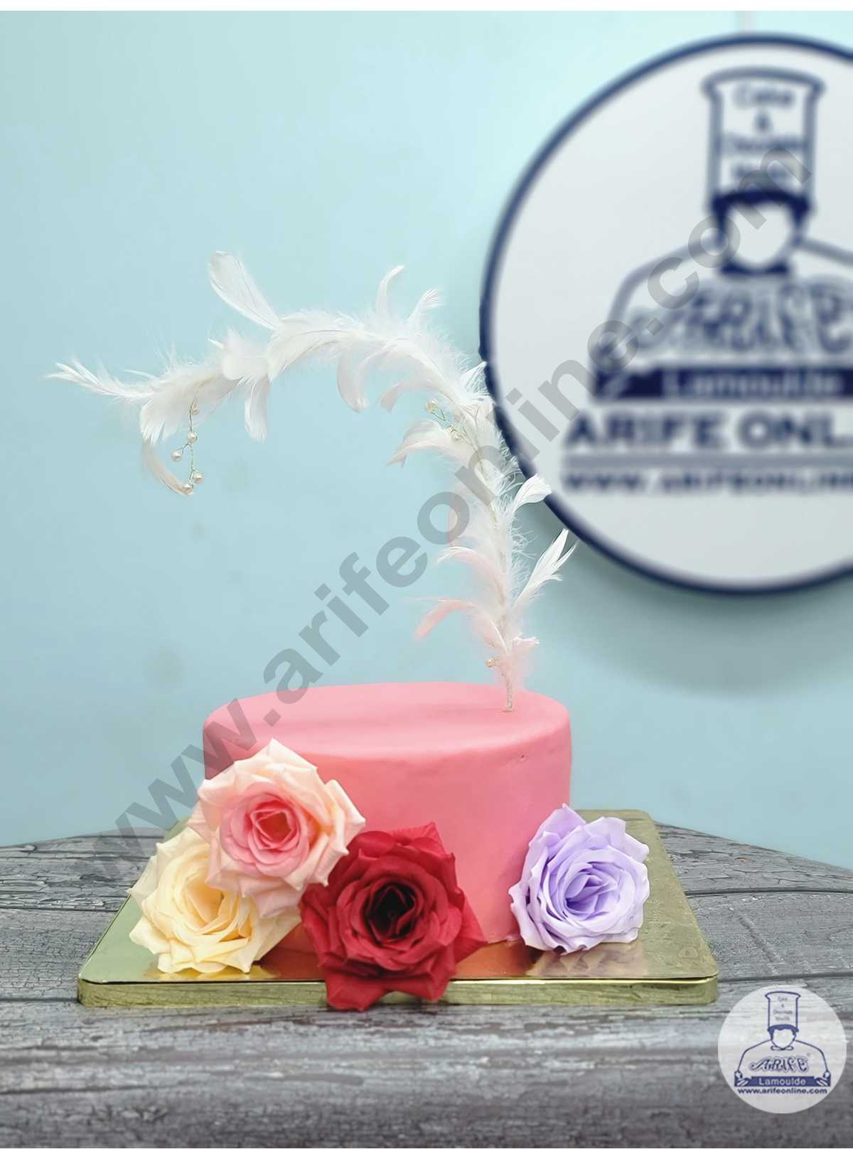 CAKE DECOR™ Long Stick Feather With Pearl Beads Topper For Cake Decorations - White ( 1 pc Pack )