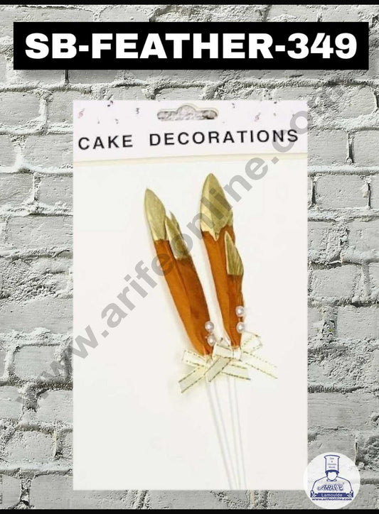 2pcs Brown Golden Feather Topper For Cake Decoration( SB-FEATHER-349-BG )  (MOQ 12 PCS) (FD)