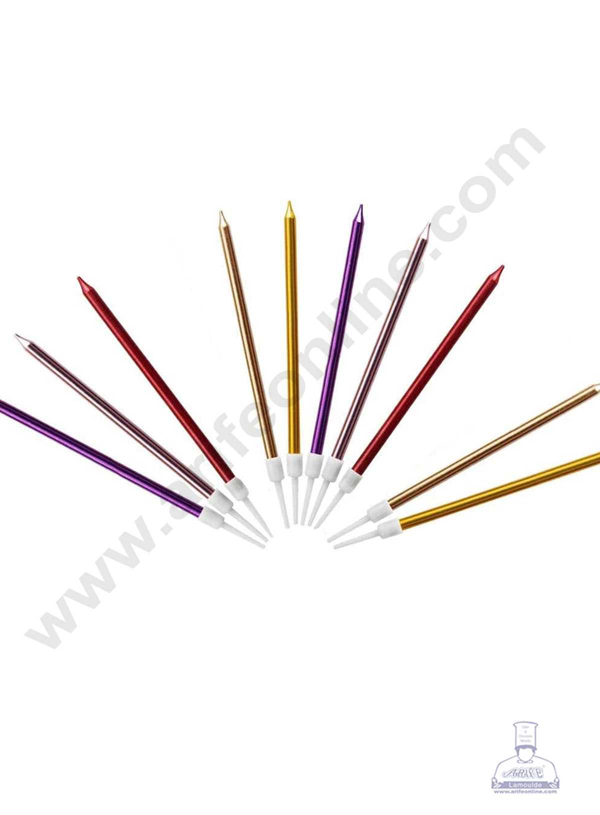 6 pcs Multi colour Metallic Long Thin Cake Candle in Holder for Party Decoration for Cake and Cupcake - Multi colour - Set of 6 Pc (MOQ 12 SET)
