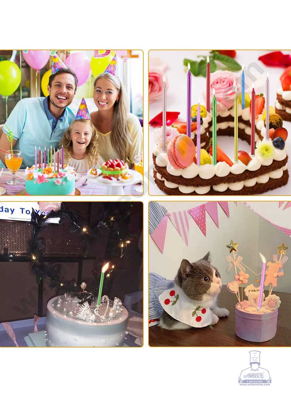 6 pcs Multi colour Metallic Long Thin Cake Candle in Holder for Party Decoration for Cake and Cupcake - Multi colour - Set of 6 Pc (MOQ 12 SET)