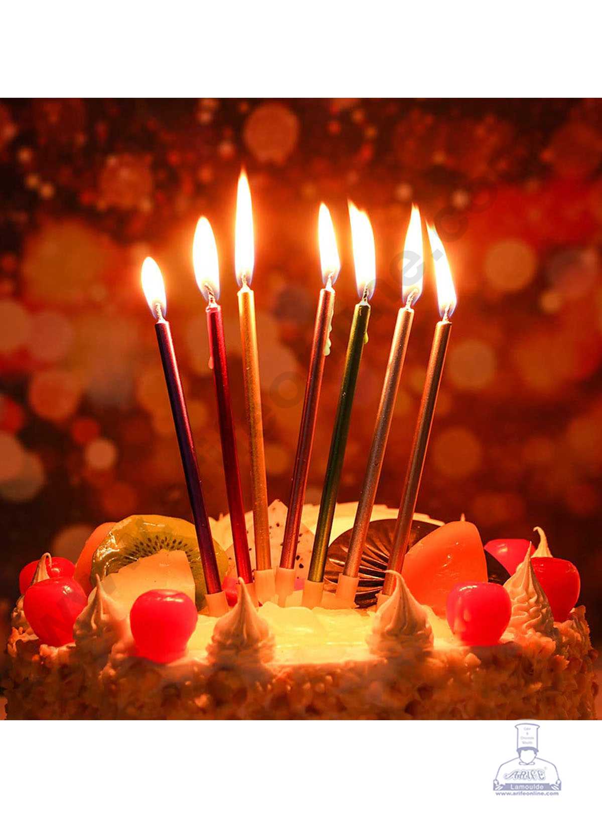 6 pcs Multi colour Metallic Long Thin Cake Candle in Holder for Party Decoration for Cake and Cupcake - Multi colour - Set of 6 Pc (MOQ 12 SET)