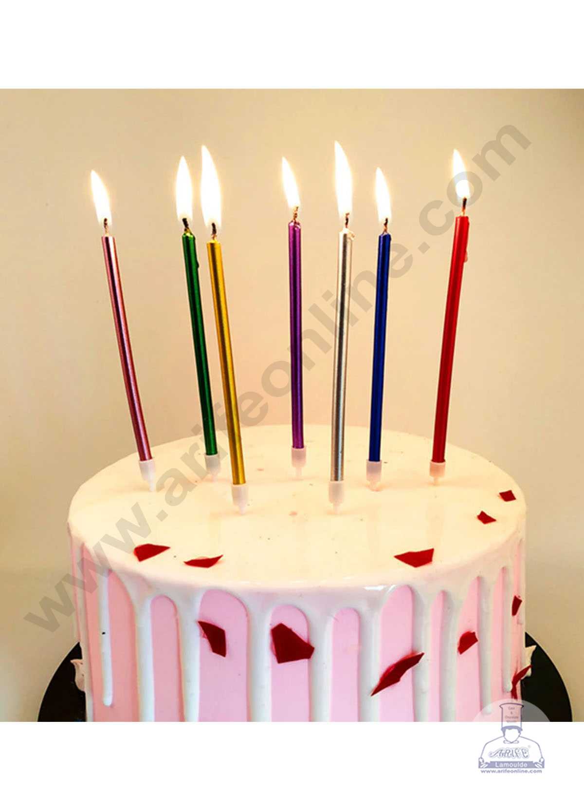 6 pcs Multi colour Metallic Long Thin Cake Candle in Holder for Party Decoration for Cake and Cupcake - Multi colour - Set of 6 Pc (MOQ 12 SET)
