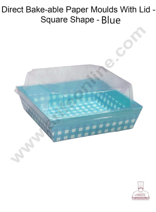 Direct Bake-able Paper Moulds With Lid -Square Shape - Blue (MOQ 100 PCS)