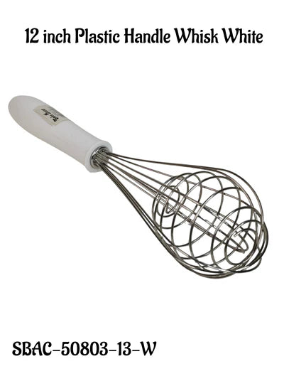 12 inch Stainless Steel Balloon Whisk | Plastic Hand Blender Egg Beater for Whisking & Baking - White (SBAC-50803-13-W) (OD)