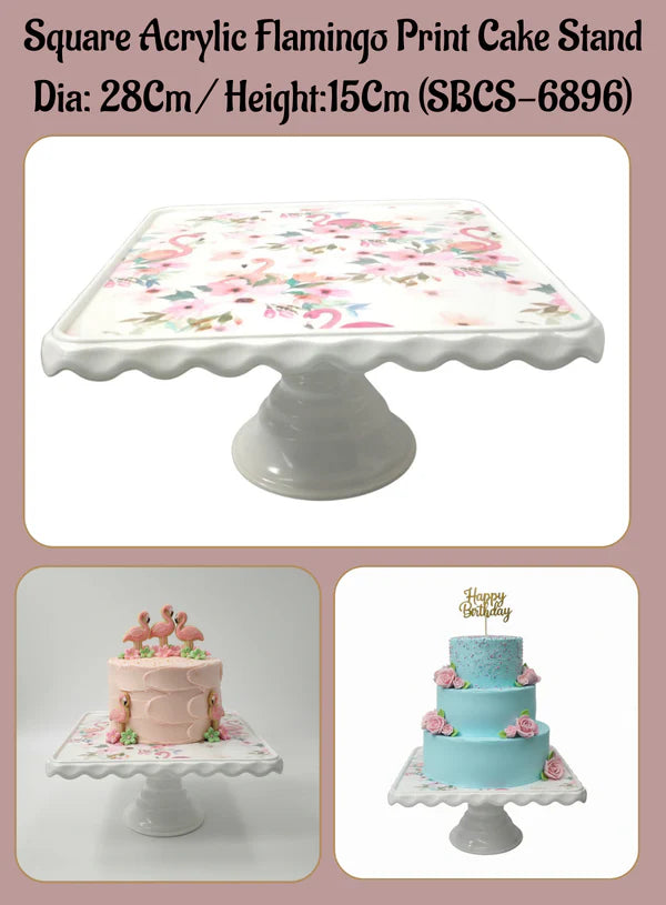 1 Pcs Square Acrylic Flamingo Print Cake Stand (SBCS-6896) (MOQ 12 PCS)