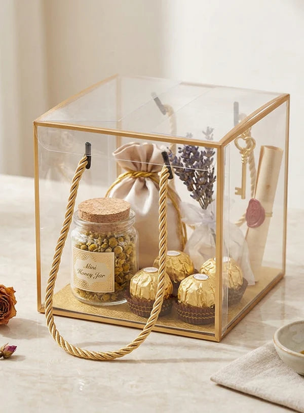 1 Pcs Transparent PVC Gift Box With Twisted Handle & Golden Border Small Square (12 X 12 X 12 cm) – Hamper Packaging Box (S-121212)  (MOQ 100 PCS)  (RD)