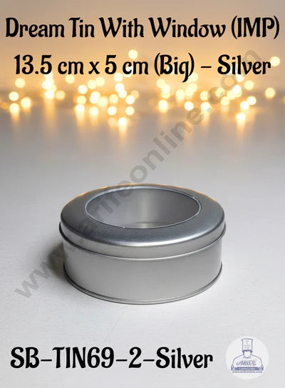 Dream Tin with Window (IMP) | Dream Cake Tin | Torte cake | Cookie |Silver|13.5 cm x 5 cm|Big  (OD)