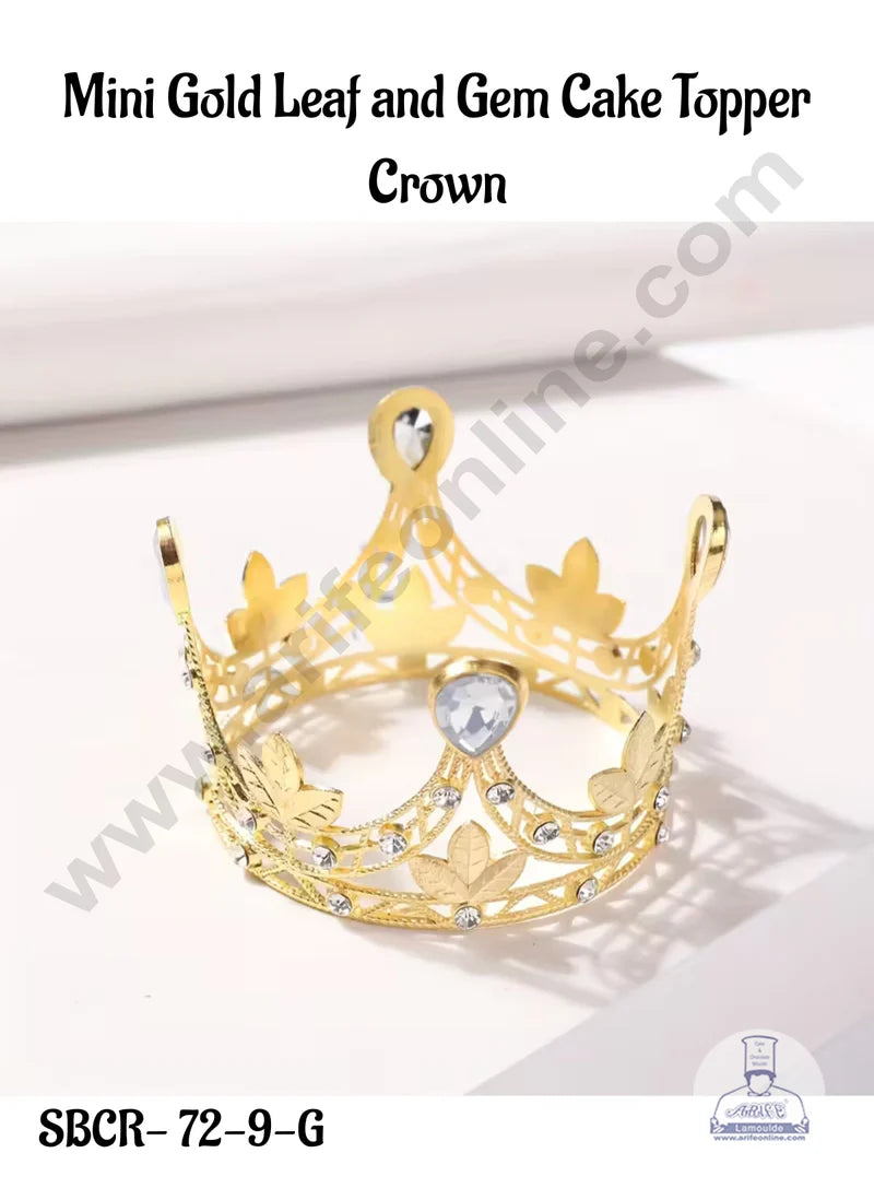 Mini Gold Leaf and Gem Cake Topper Crown - SBCR-72-9-G (MOQ 12 PCS)