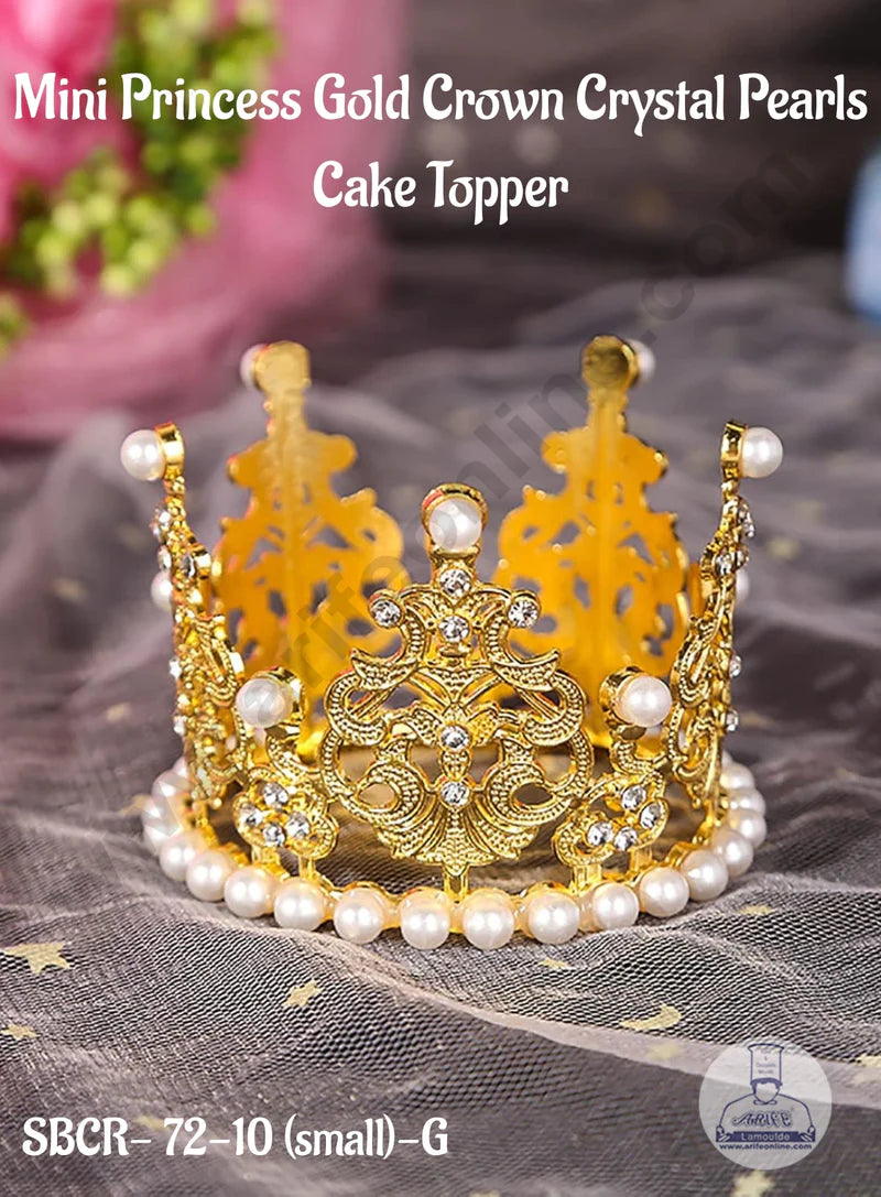Mini Princess Gold Crown Crystal Pearls Cake Topper - SBCR-72-10 (small)-G (MOQ 12 PCS) (OE)